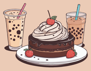 Hand Drawn Chocolate Cake and bubble Milk Tea illustration
