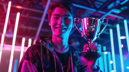 Fototapeta premium e gaming: Professional Gamer Holding Trophy in Neon-Lit Arena