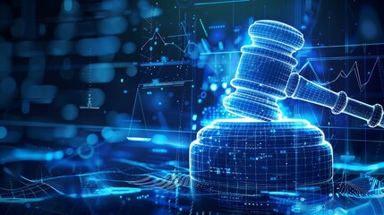 Digital gavel hitting virtual bankruptcy papers in a futuristic legal system setting