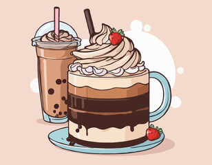Hand Drawn Chocolate Cake and bubble Milk Tea illustration
