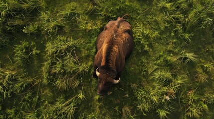 Top-Down Aerial Shot Looking Down at a Buffalo