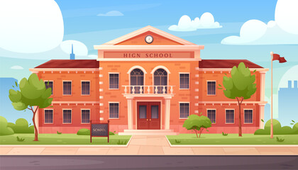 School building. Vector illustration of High school exterior with road, garden, flag, green plants and trees, cityscape. Back to school. Schoolhouse outside. Elementary children education, college