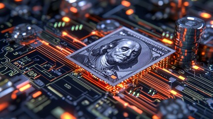 Fototapeta premium A close-up view of a dollar bill on a circuit board, symbolizing the intersection of technology and finance.