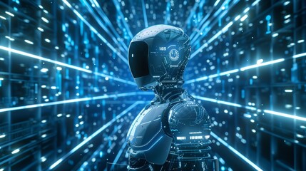 Fototapeta premium A robot is standing in a blue room with many lights