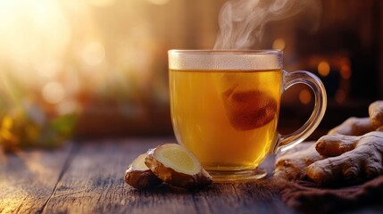 Hot ginger tea in a glass on a wooden background, steaming and inviting with a cozy and warm atmosphere.