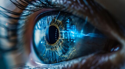 Closeup of a human eye with virtual hologram elements