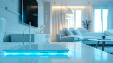 A high-speed wireless router, standing gracefully on a table, antennas prepared for seamless connectivity, surrounded by the technology-rich ambiance of a modern home interior.