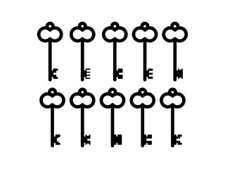 Set of keys silhouettes Isolated on white. Vintage Keys Set Vector Isolated.