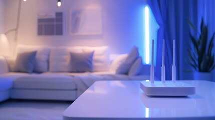 A high-speed wireless router, standing gracefully on a table, antennas prepared for seamless connectivity, surrounded by the technology-rich ambiance of a modern home interior.