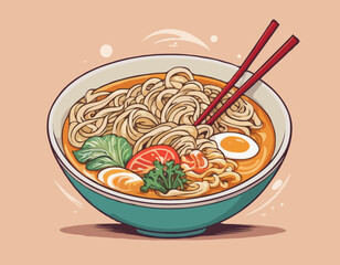 Noodles bowl soup ramen tasty asian food restaurant cartoon logo vector illustration 
