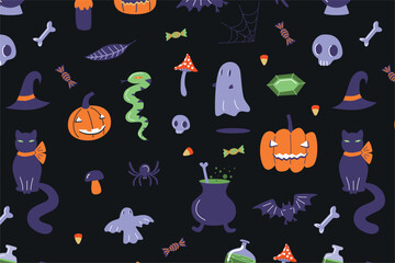 Halloween seamless pattern. Spooky elements including pumpkins, ghosts, black cats, bats, witches' hats, cauldrons, skulls, candy, and more. Ideal for Halloween decorations. Black backdrop.