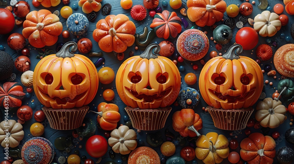 Wall mural Halloween Pumpkins Cupcakes