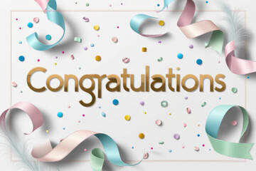"Congratulations" card on white background with colorful ribbons and confetti, pastel colors. AI