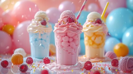 Sweet Treats: A Trio of Ice Cream Shakes Decorated with Whipped Cream, Sprinkles, and Raspberries