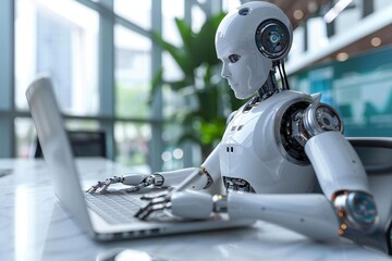 Close-up Of A Humanoid Robot Filling Online Survey Form On Laptop In Office