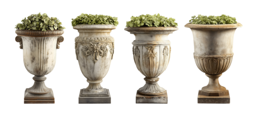 Set of garden urn planters with with lush greenery isolated on transparent or white background
