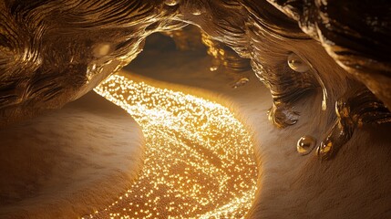 A gold colored stream of glitter is flowing through a cave