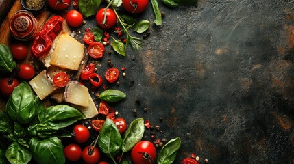 Italian food background with fresh ingredients, creating a vibrant and authentic visual perfect for various food themes.