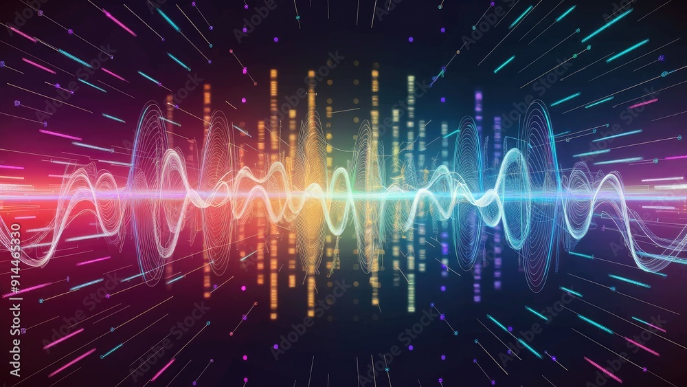Poster vibrant abstract sound wave visualization technologythemed background with colorful dots sound equal