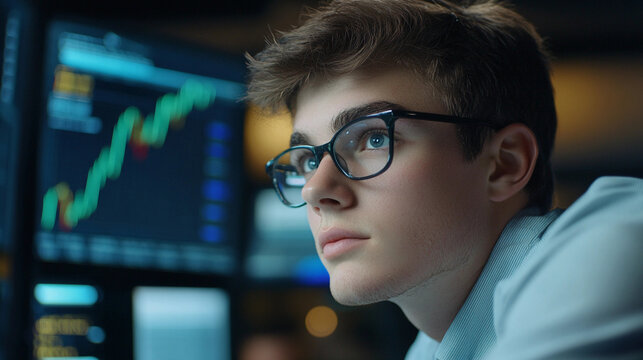 Young Focused Stock Market Trader or Analyst Observing Financial Data on Computer Monitors