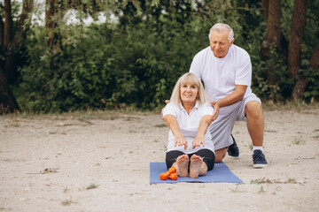 Senior Couple Practicing Outdoor Yoga Exercise Together in Nature