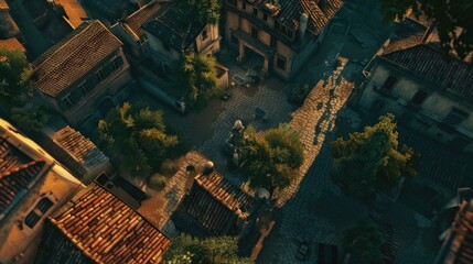 Fototapeta premium gaming layout: Top-down aerial Shot Looking Down at the Outdoor Isolated Yard in the Jungle 