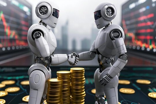 Humanoid Robot And Robot Shaking Hands Over Stacked Golden Coins - Powered by Adobe