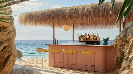 A beach bar with a canopy and a view of the ocean. The bar has a pink color theme and is decorated with plants. There are several chairs and a few potted plants around the bar