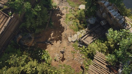 gaming layout: Top-down aerial Shot Looking Down at the Outdoor Isolated Yard in the Jungle 