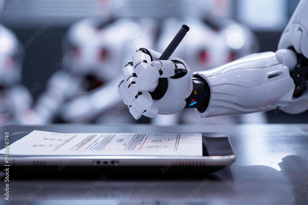 Aufkleber close-up of a humanoid robot's hand filling checklist form on digital tablet