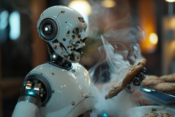 Shocked Humanoid Robot Looking At Burnt Cookies With Smoke Coming From Oven