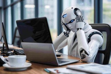 Humanoid Robot Suffering From Headache Working In Office With Bill Over Desk, robot, office, ai, artificial, headache, intelligence, code, frustrated, tech, machine, person, technology