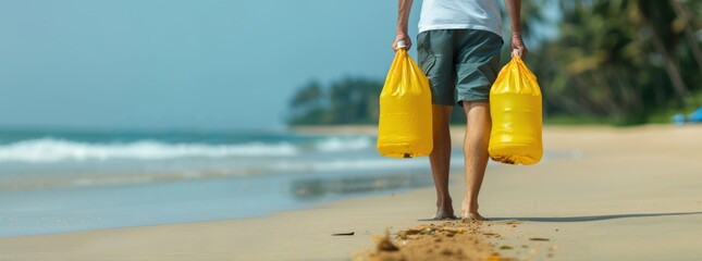 Present the efforts of a beach cleanup crew with the ocean in view