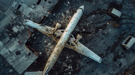 Top-Down Aerial Shot Looking Down at Plane Crash Wreckage