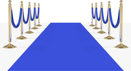 Blue carpet with blue ropes on golden stanchions. Vector illustration isolated on white background