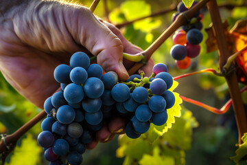 Close-up of a winemaker's hands inspecting a cluster of ripe grapes on the vine.