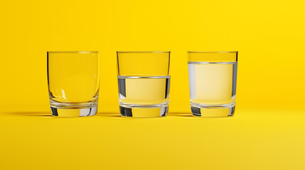 three glasses of water. one empty, one half full glass, one full glass. isolated on yellow background