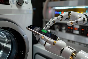 Closeup of humanoid robot's hand using energy label on mobile phone against washing machine at home.