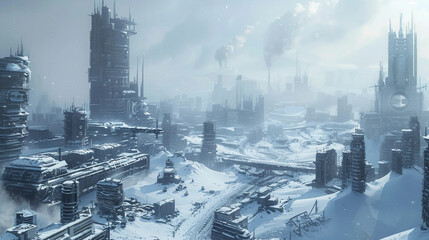  Hyper-Realistic Depiction of a Perpetual Winter in a Dystopian Megacity with Frigid Atmosphere
