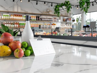 Blank menu card on marble countertop with fresh fruits and bottle in a modern cafe.