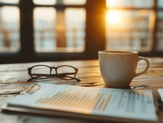 Closeup of a financial planners desk with charts and reports in the Moring.