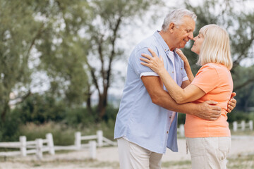 Obraz premium Happy Senior Couple Embracing Outdoors in a Park on a Sunny Day