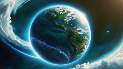 Fototapeta premium Digital illustration of a planet resembling Earth, set against a cosmic background. 