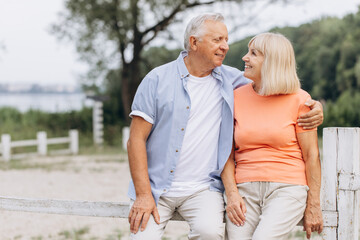 Naklejka premium Happy Senior Couple Embracing and Smiling in a Park During a Sunny Day