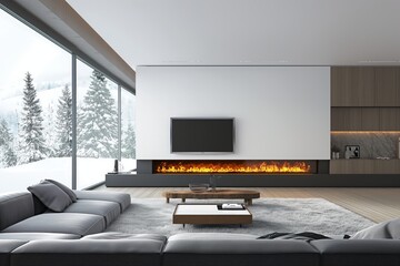 Modern living room with a wall-mounted linear fireplace, featuring a sleek design and vibrant flames, surrounded by minimalist decor.