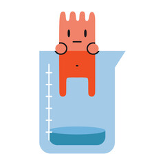Cute character in a measuring cup. Chemistry lessons at school. Scientific experiment and research. Vector illustration isolated on white, hand drawn, flat design