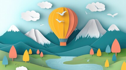 paper cut style illustration hot air balloon colorful 3d landscape mountains river fileds birds flying whimscial clouds 