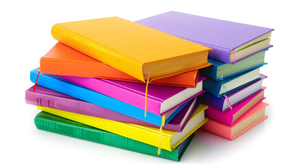 Many bright colorful books against white background