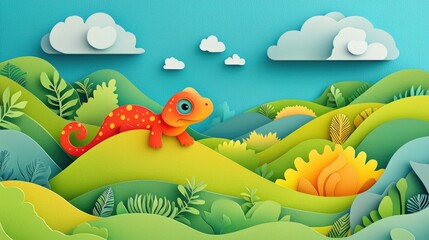 Fototapeta premium paper cut style illustration lizard colorful 3d filed green hills whimsical clouds