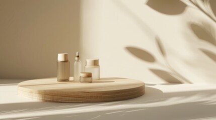 Podium made of wood on a beige backdrop for displaying cosmetic products.